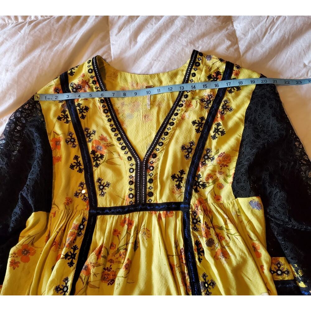 Free People Boogie All Night Yellow Boho Embellished Floral Blouse - Picture 7 of 8